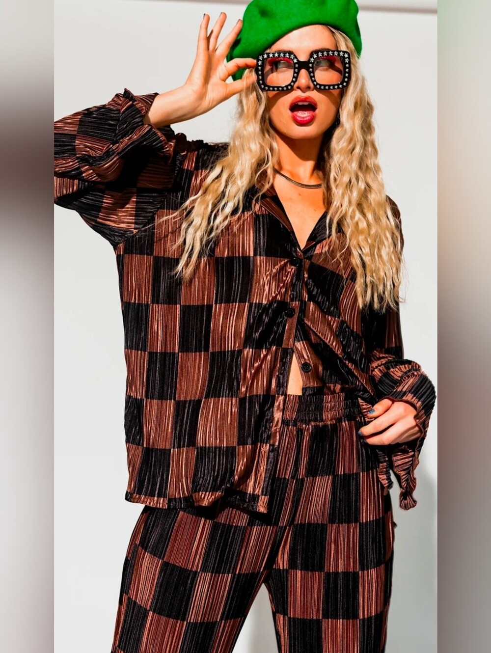 Lala Original Long Sleeve Plisse Button Down Shirt Black Checkerboard Small NWT
